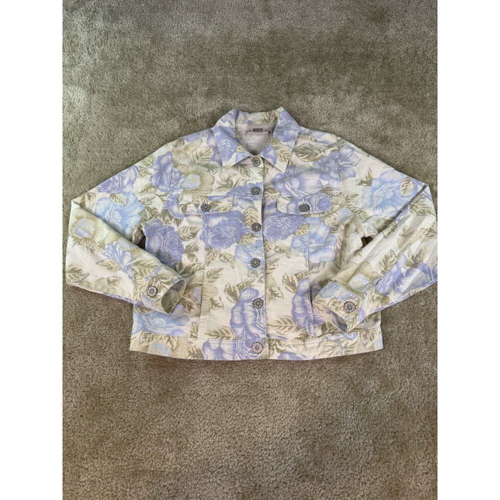 Bill Blass Jean Jacket Size PM Medium Linen Blend Floral Print Pastel Blue D488